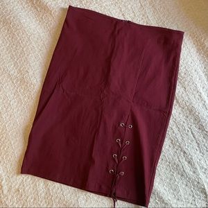 Burgundy Charlotte Russe Pencil Skirt with a Lace Up Slit | Size L